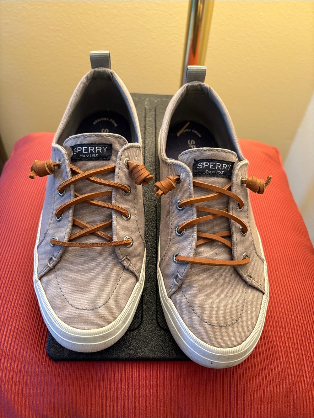 Sperry Women’s Light Gray Canvas Sneakers with Brown Laces